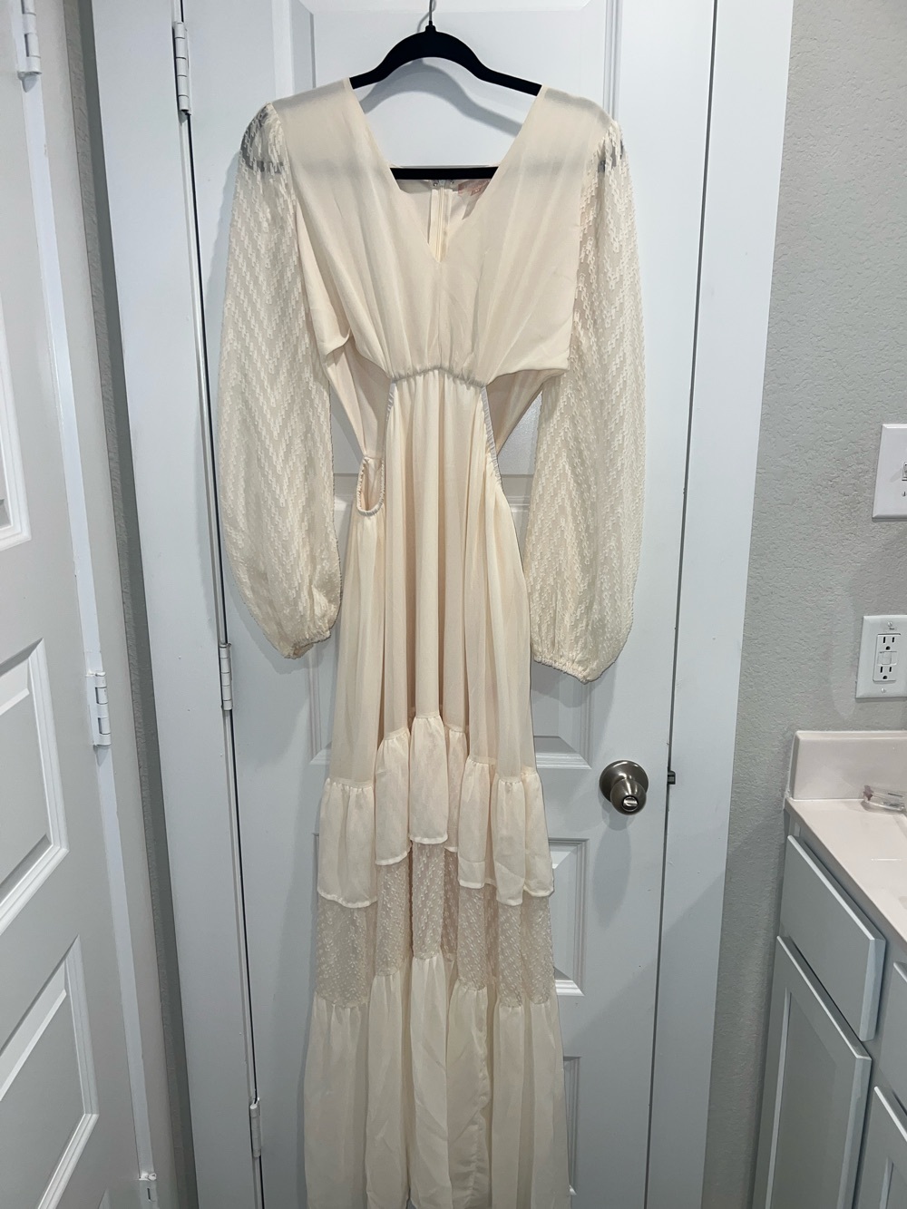 Cream Long Sleeve Tiered Maxi Dress with Cutout Waist